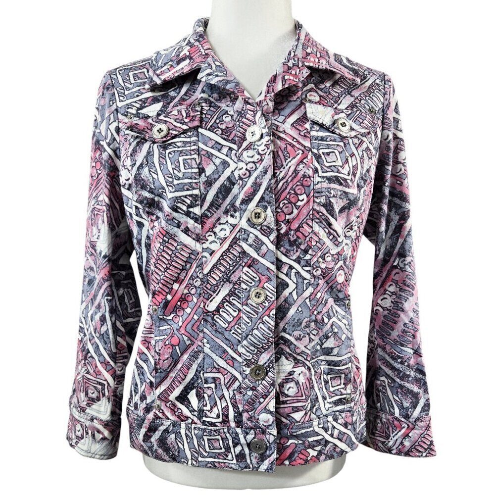 St. John Sport Pink Pale Blue Abstract Geometric Denim Jacket Artsy Art to Wear